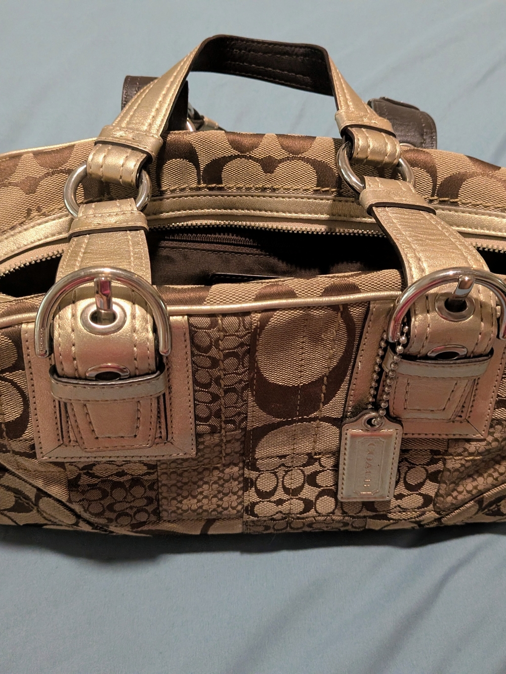 Coach Soho Signature Patchwork Handbag in Brown and Gold Metallic